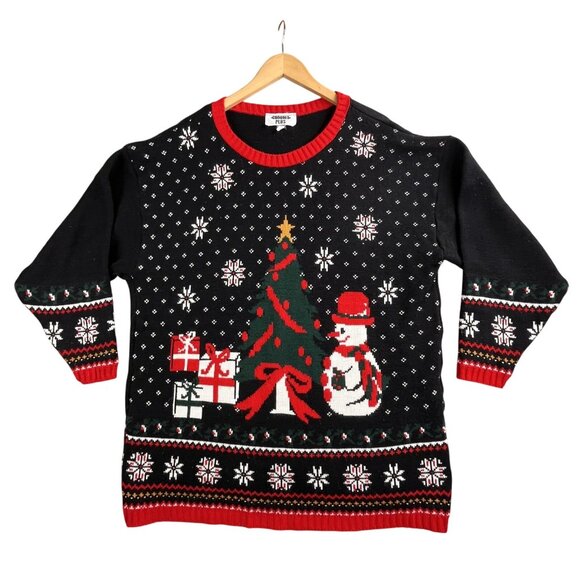 Vintage Ugly Christmas Sweater Women's XL Black Snowflake Snowman USA Made Y2K - Picture 1 of 10